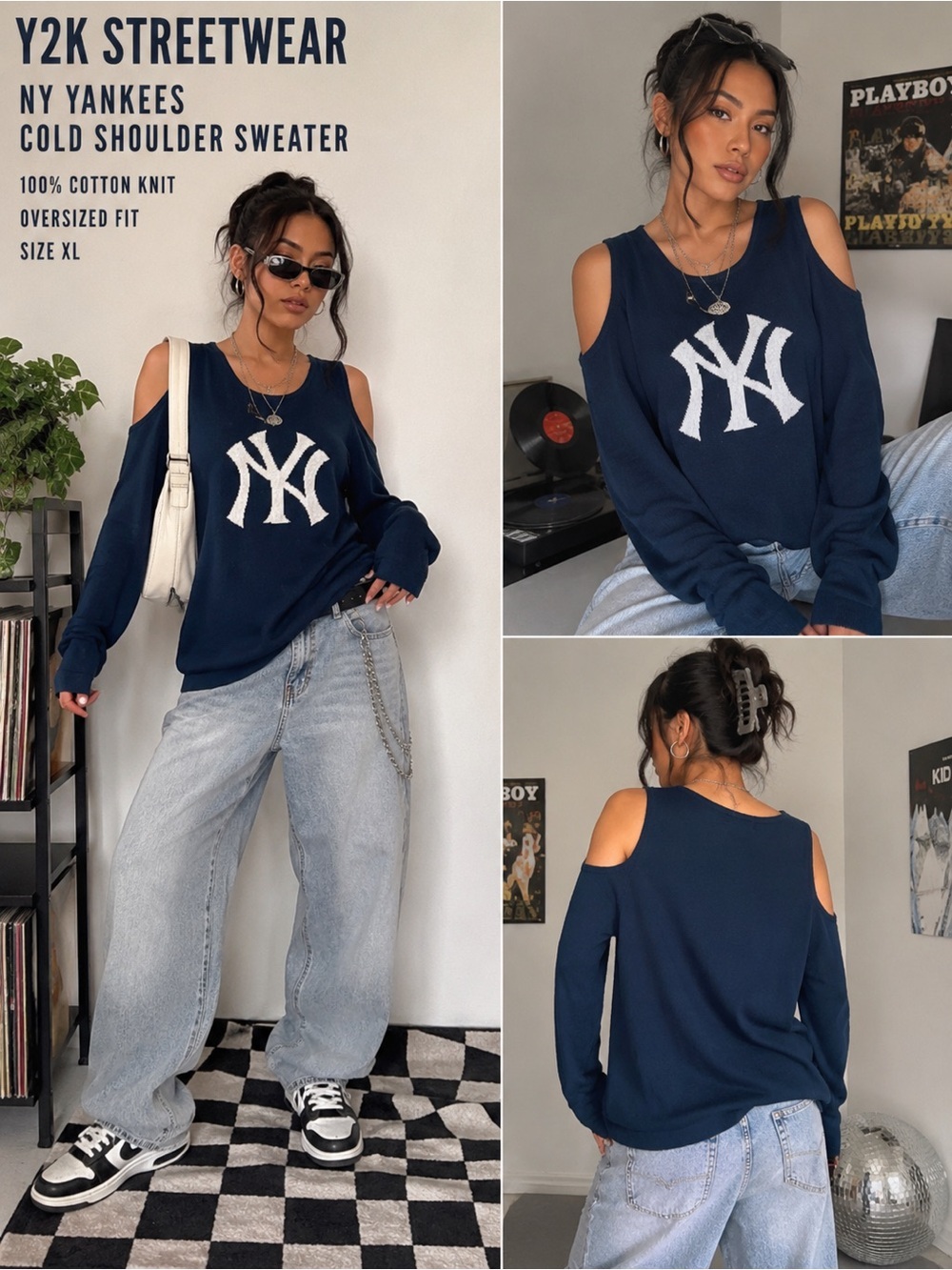 Y2K NY Yankees Cold Shoulder Knit Sweater Sporty Streetwear XL 100% COTTON